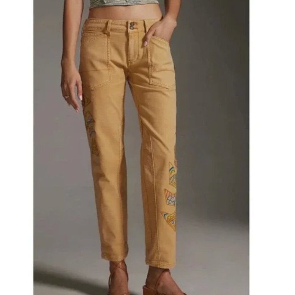 Pilcro Mustard Cropped Utility Pants with Fish Embroidery